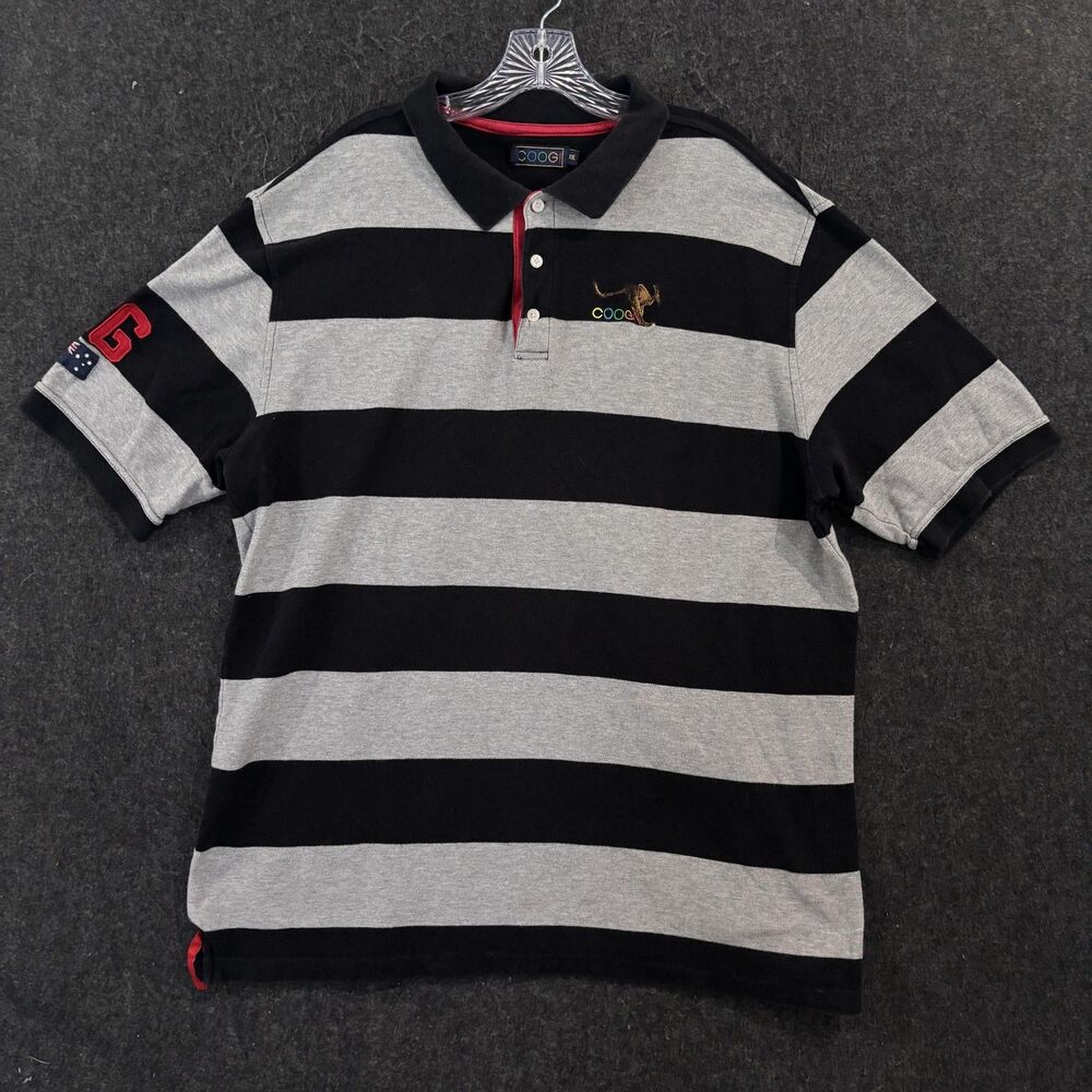 COOGI Polo Shirt Men's XXL Black Gray Rugby Stripe Kangaroo Australia Cotton